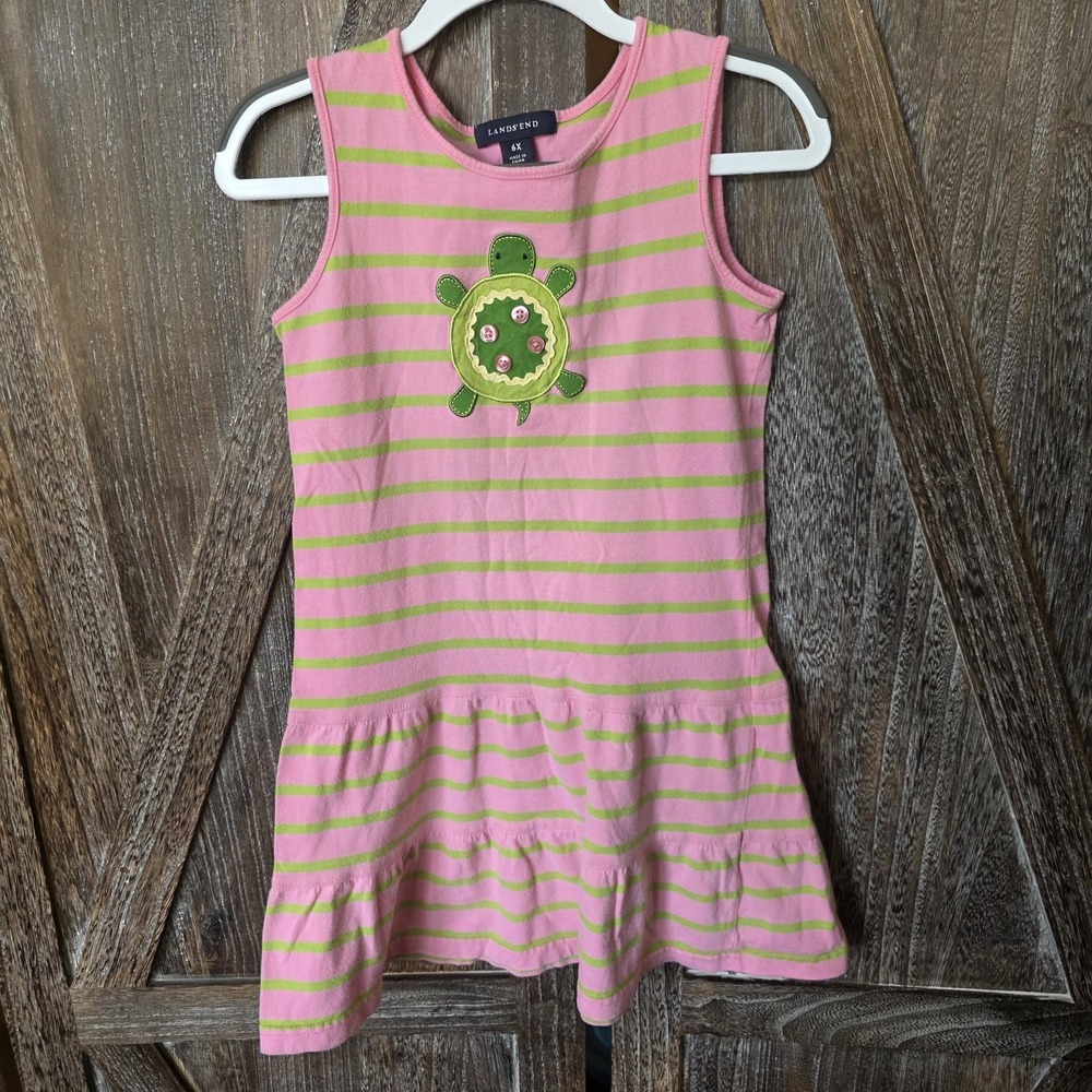 Lands' End Dress Girl's Size 6X Pink & Green Stripe Turtle Applique Knit Tank